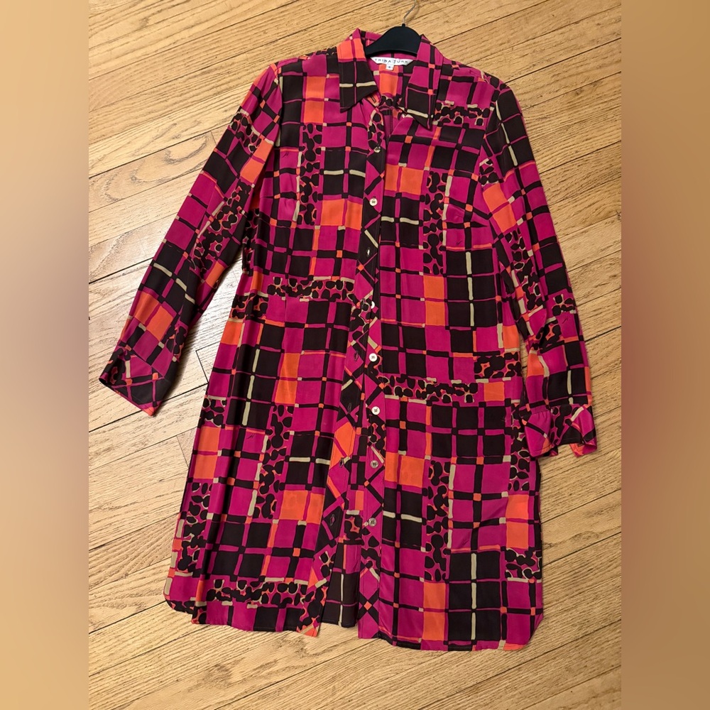 Trina Turk Silk Colorful 70s Shirt Dress Size 8